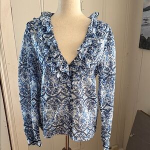 Sezane Blue Floral Ruffle V-Neck Women's Top